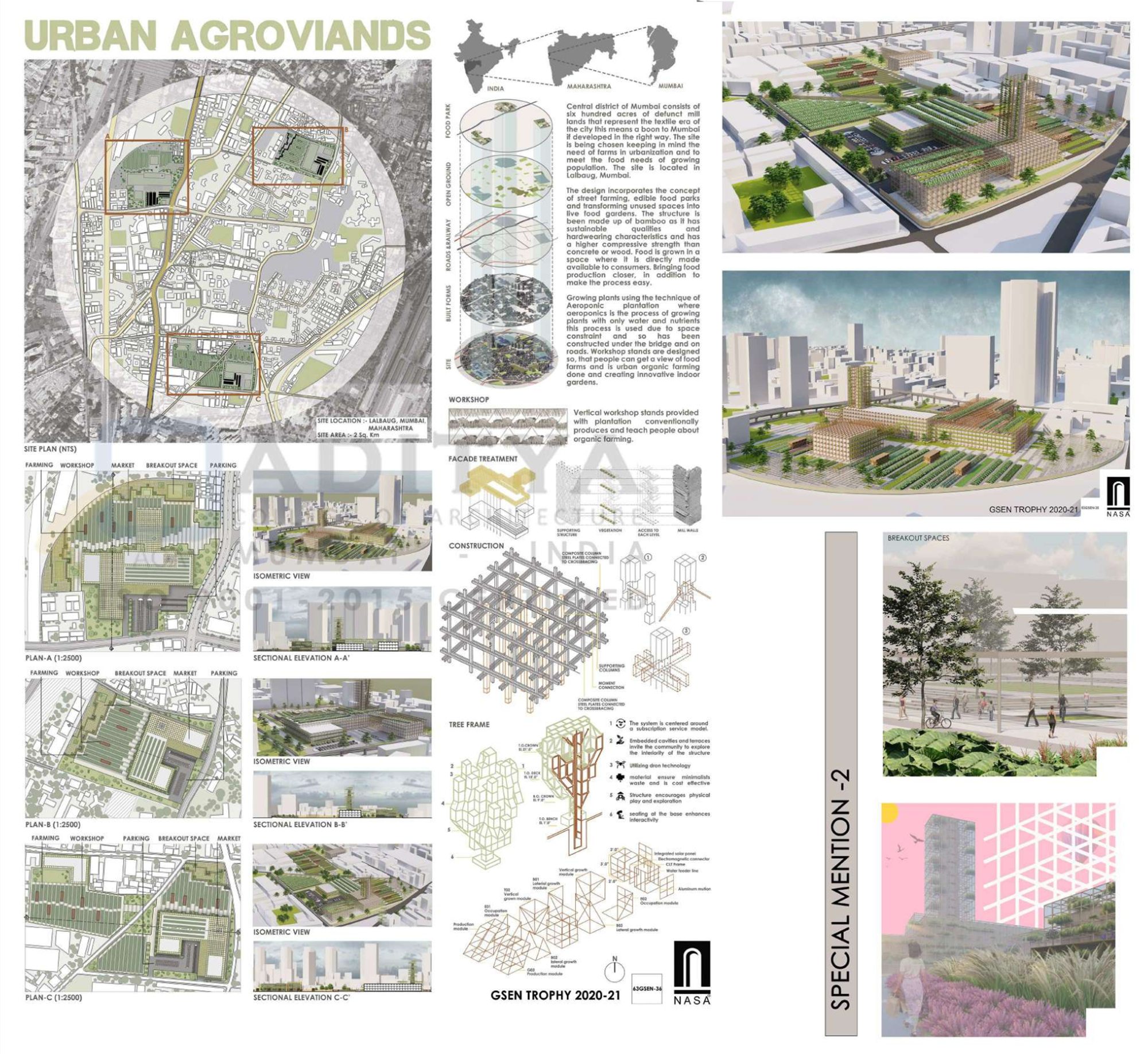 Competition sheet with plans, isometric views, sectional elevations, bamboo construction details and tree frame
