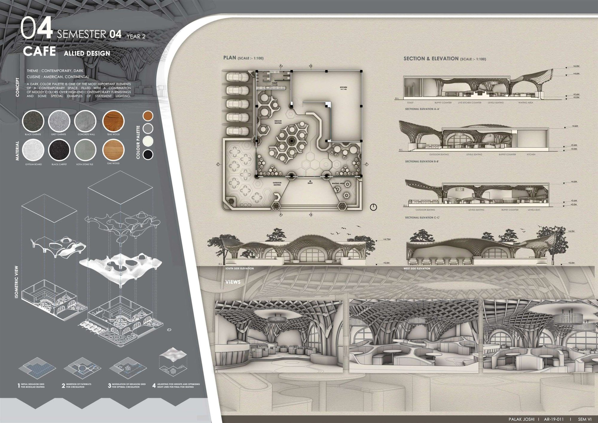 Full presentation sheet with materials, colour palette, isometric, plan, sections, elevations and views