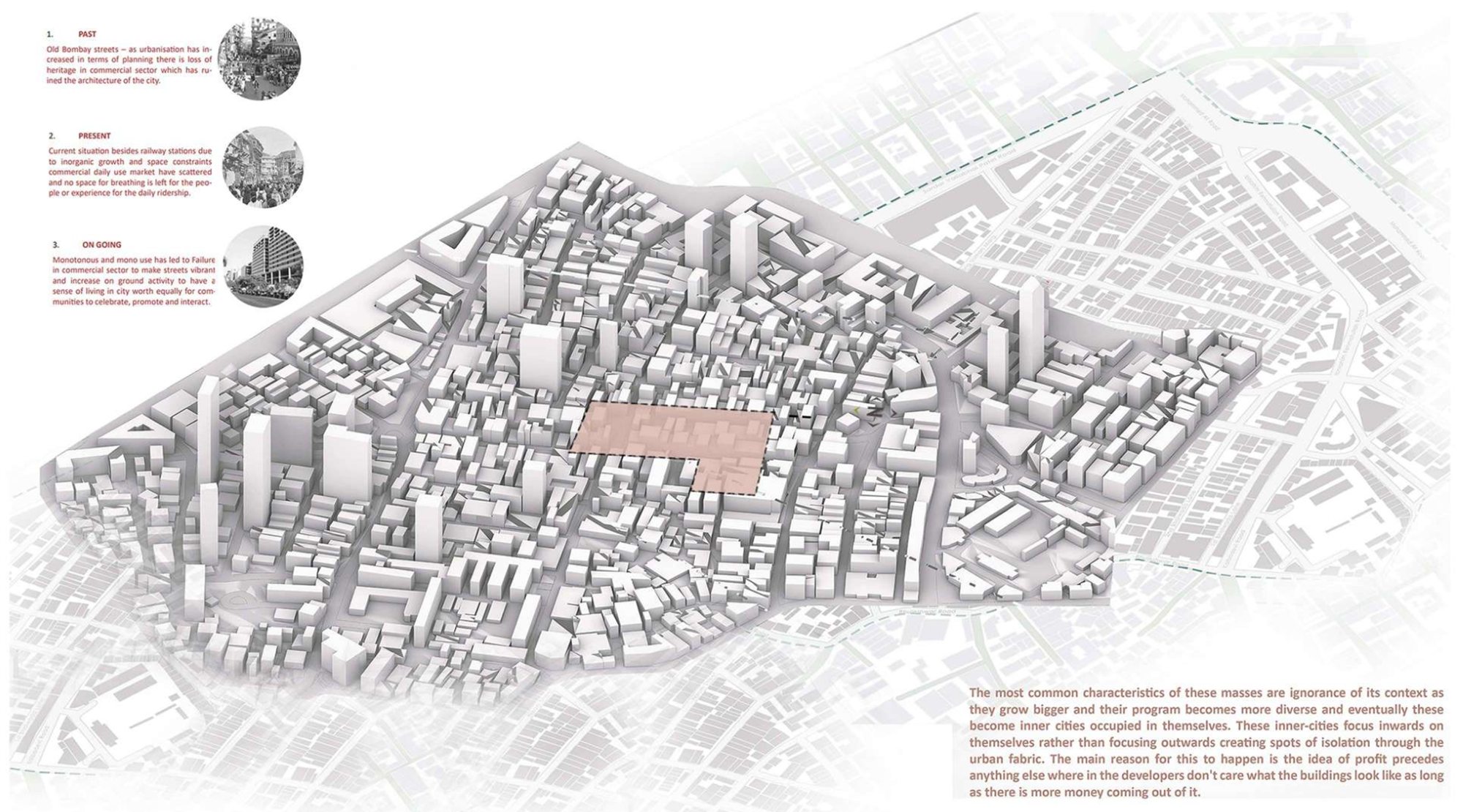 Massing model of Bhuleshwar with the site highlighted, and a timeline of the precinct from the 18th century to the present