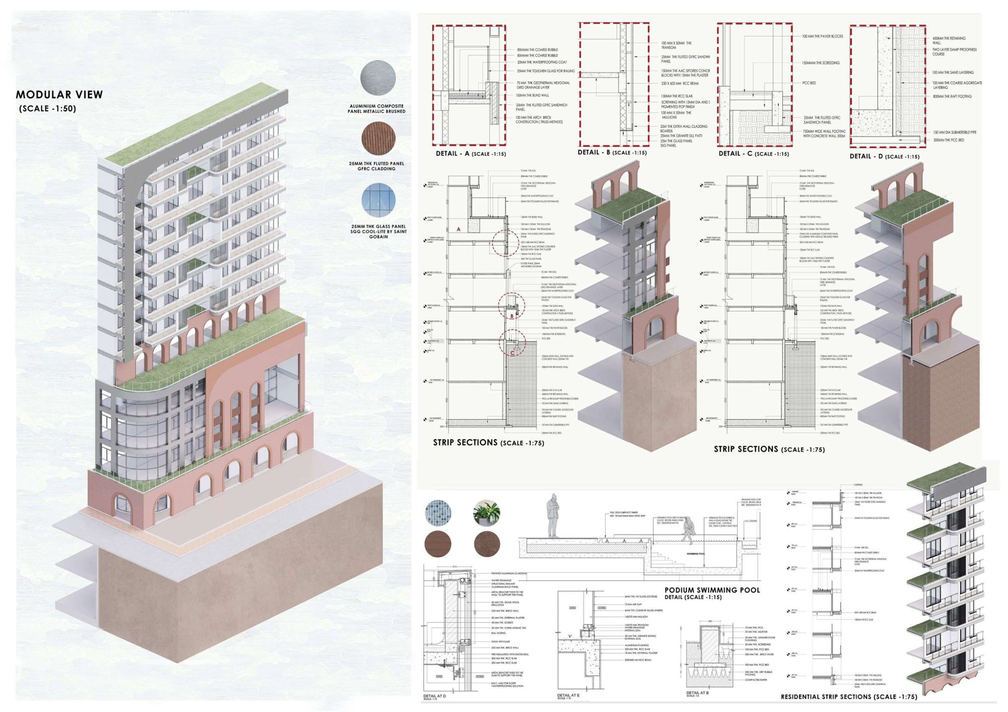 Modular view at 1:50, strip sections at 1:75 and construction details at 1:15 including the podium swimming pool