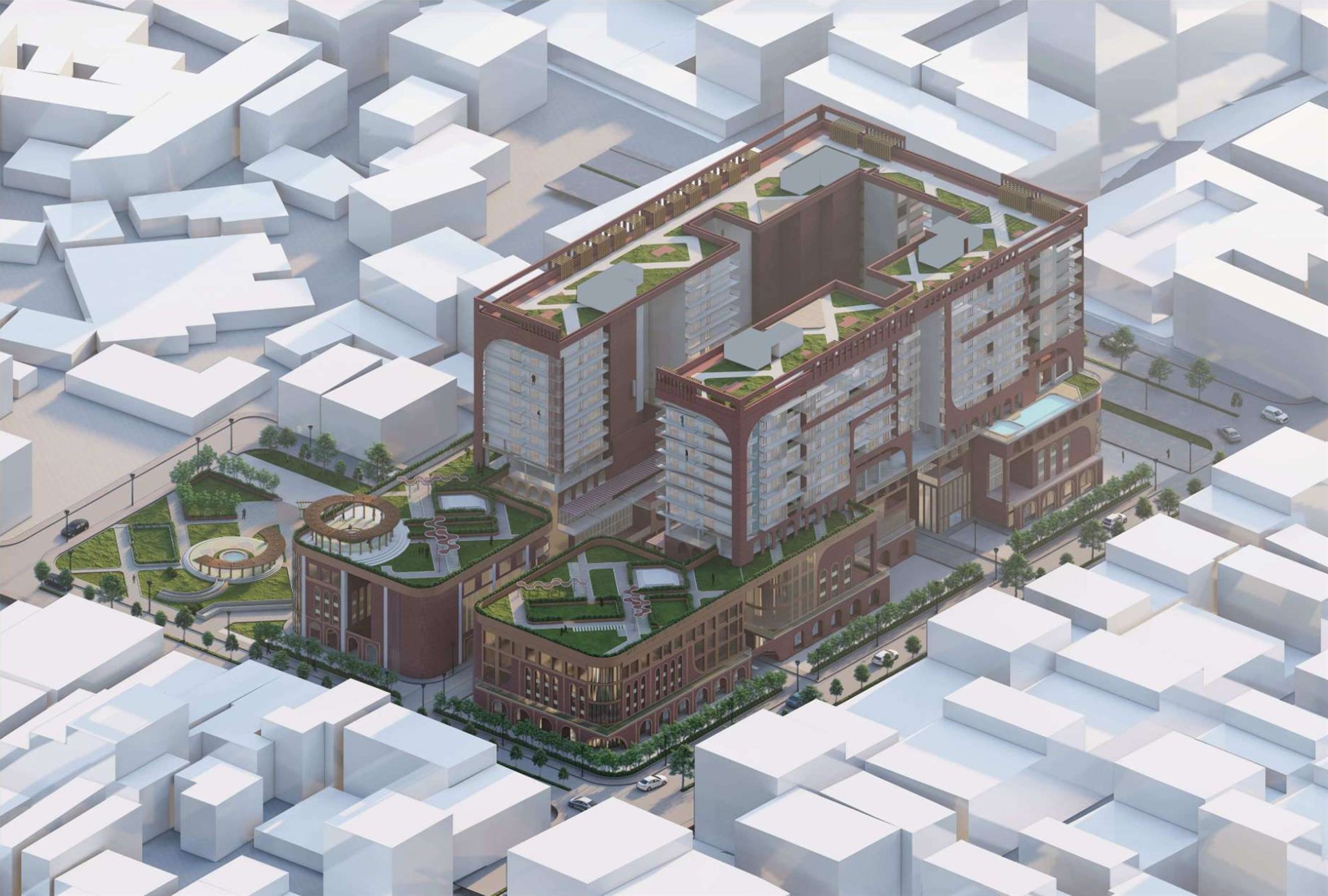 Aerial view of Haven, a mixed-use block with terraced gardens set within the dense fabric of Bhuleshwar, Mumbai