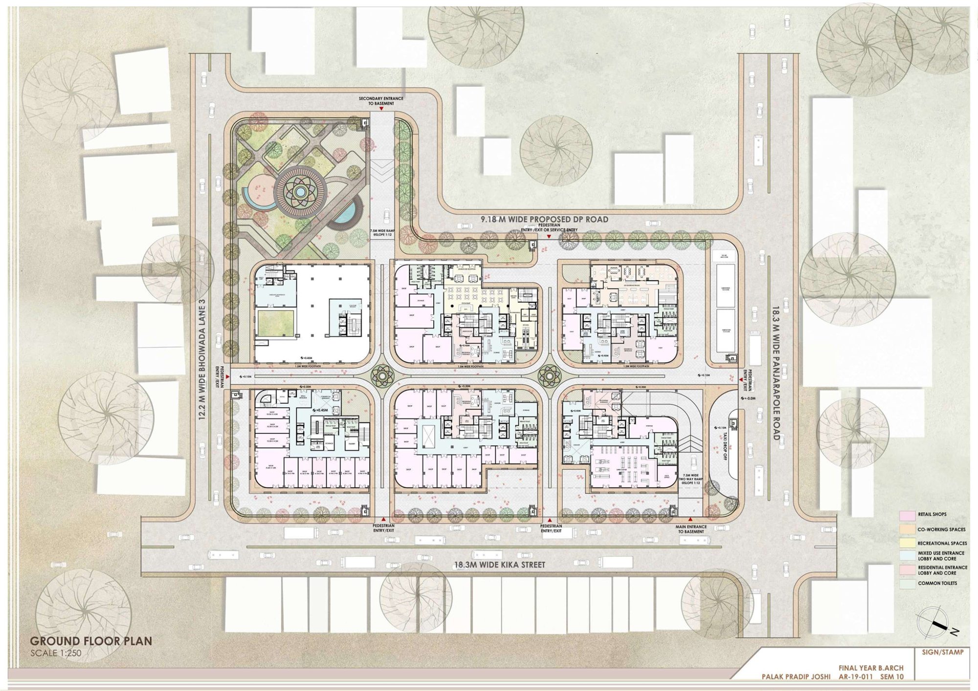 Rendered ground floor plan at 1:250 showing six blocks, internal streets and a public garden