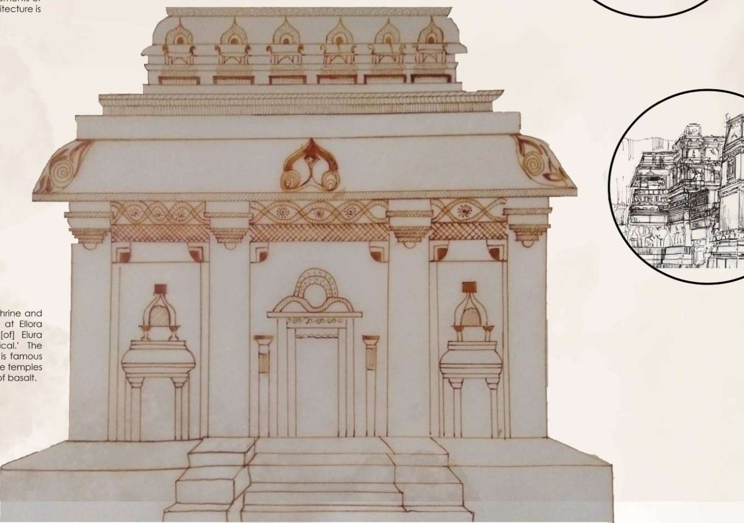 Hand-rendered elevation of a shrine at the Kailasa temple, Ellora