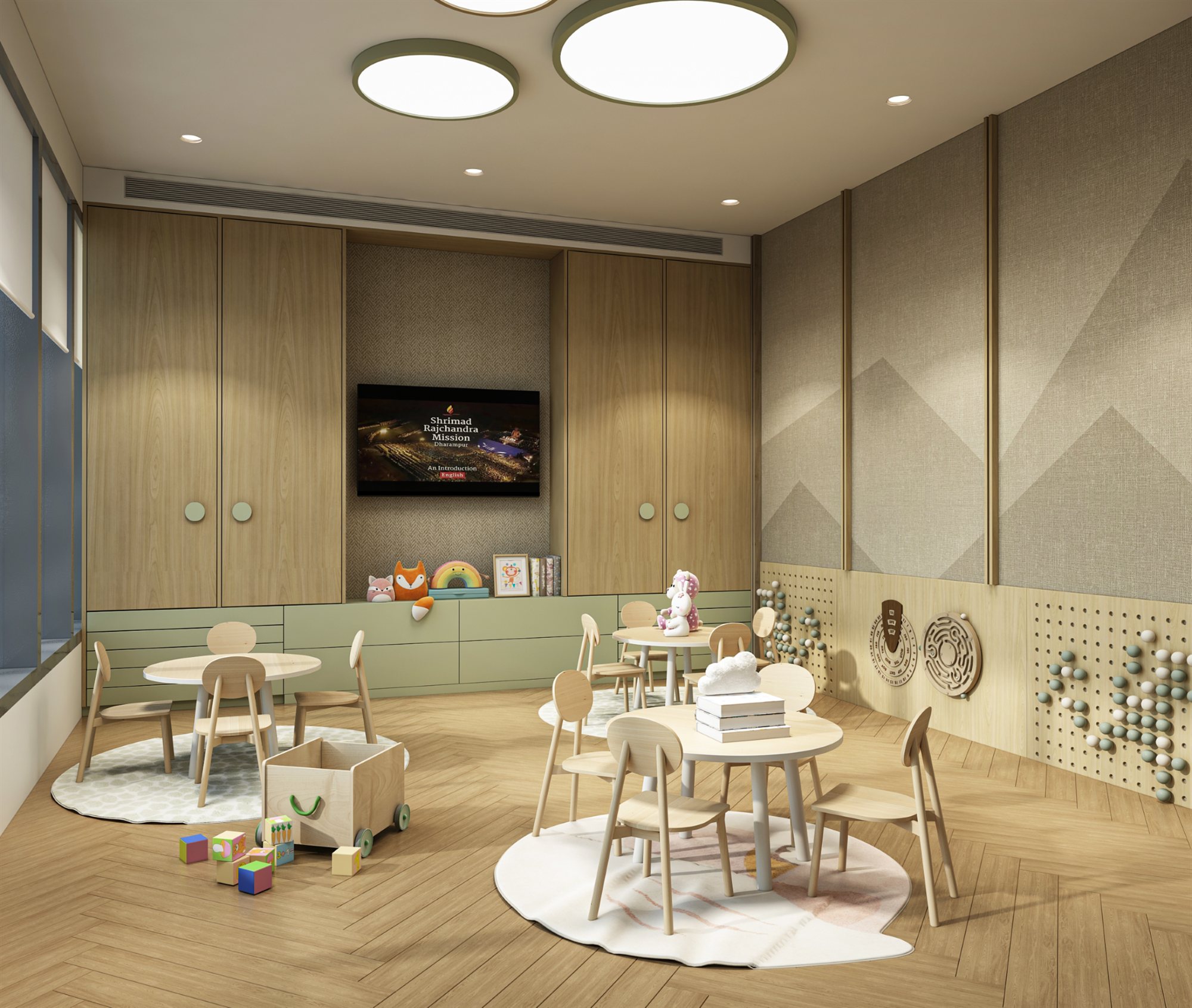 Children's classroom with small round tables, play walls and timber storage
