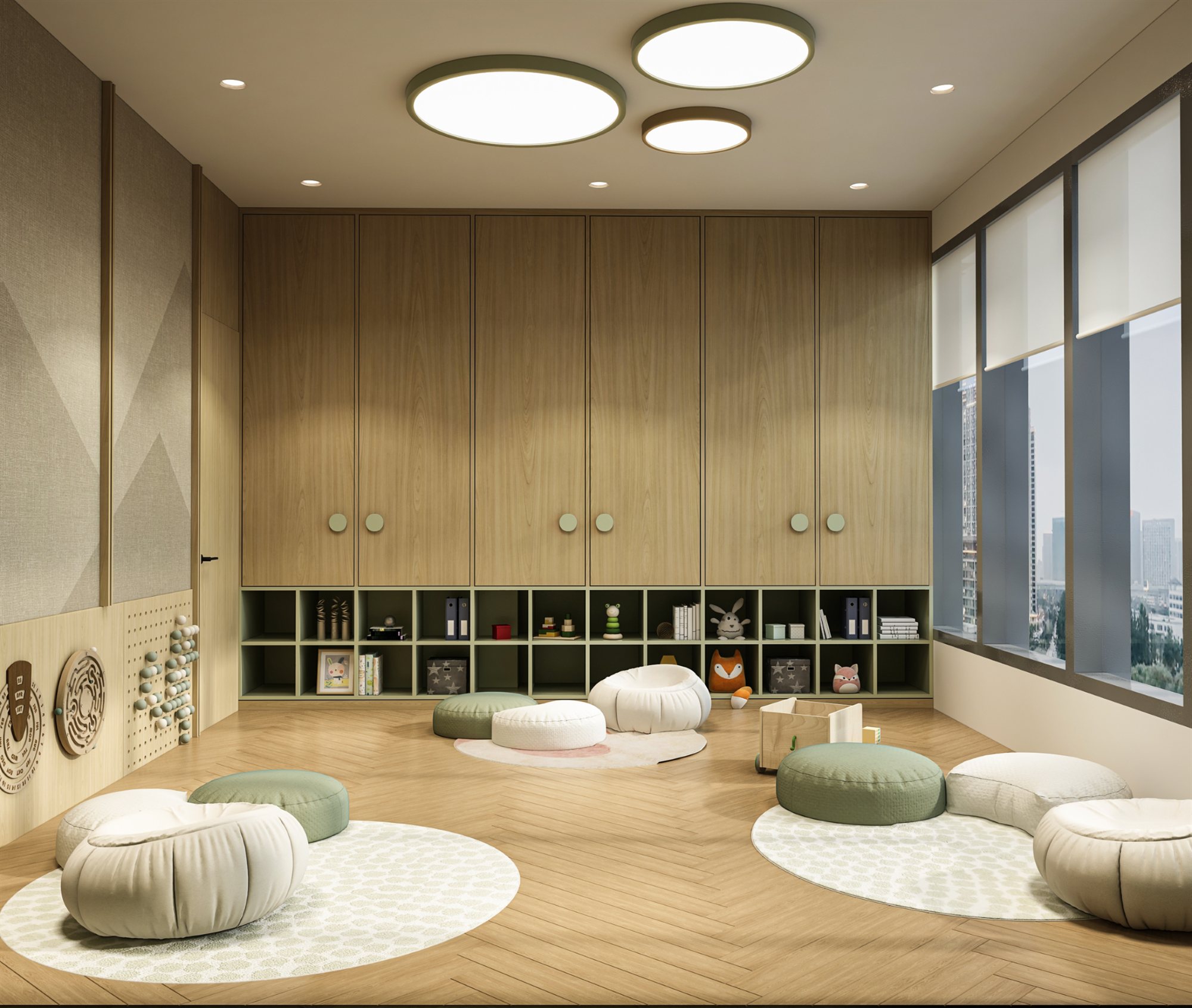 Children's classroom with floor cushions arranged for group sitting