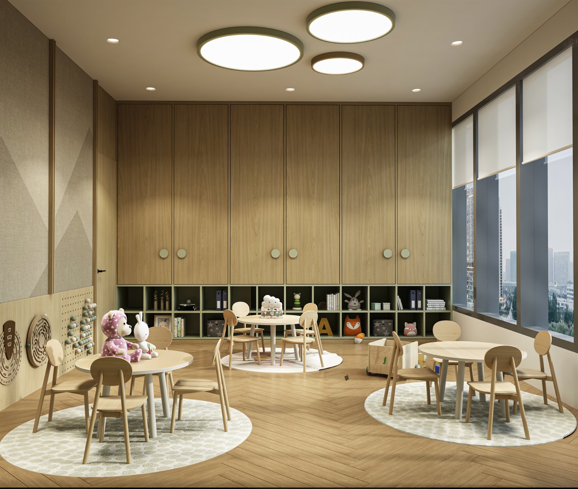 Children's classroom with tables, rugs and a wall of cubby storage