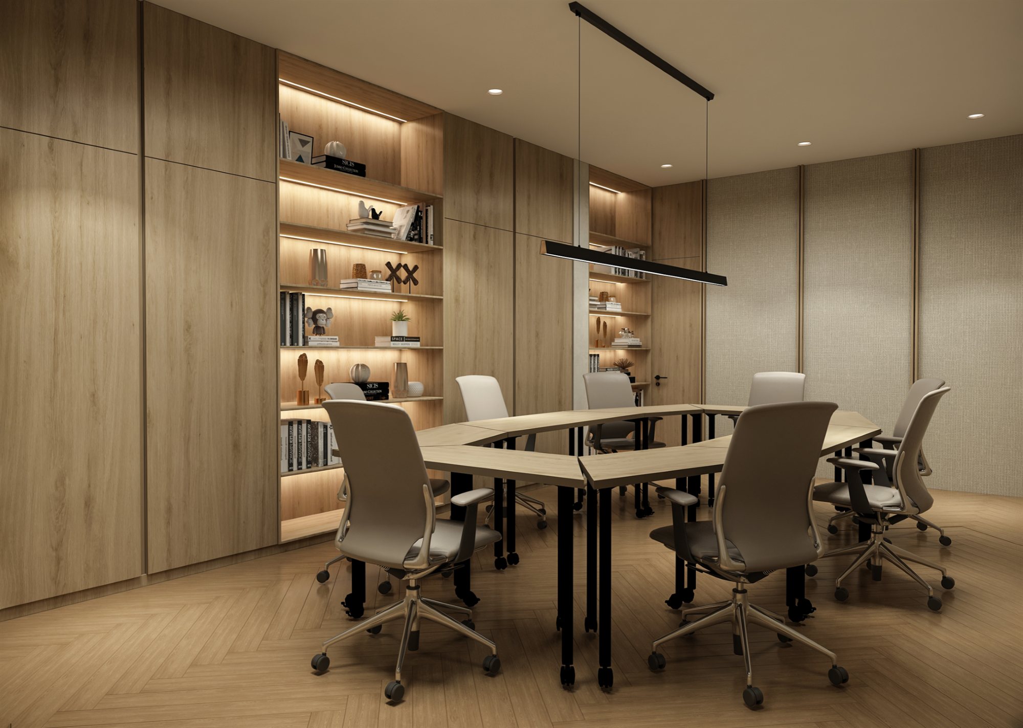 Conference room with modular tables, task chairs and lit shelving