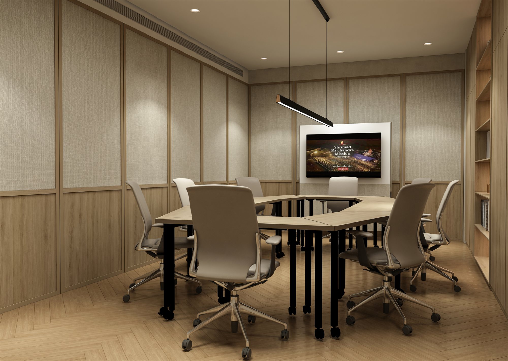 Conference room arranged as a classroom facing a screen
