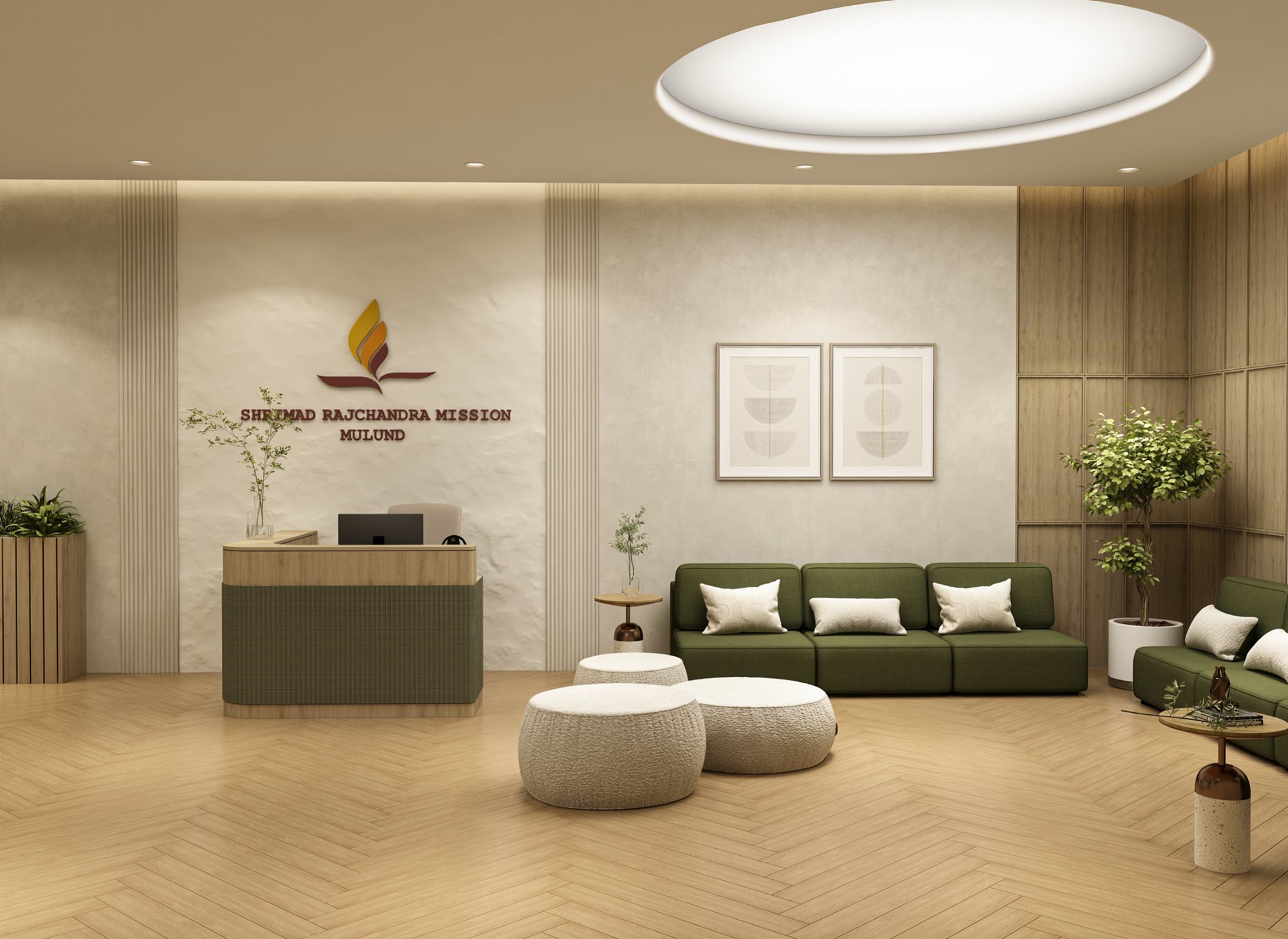 Reception desk in sage green with the mission's emblem on a textured wall