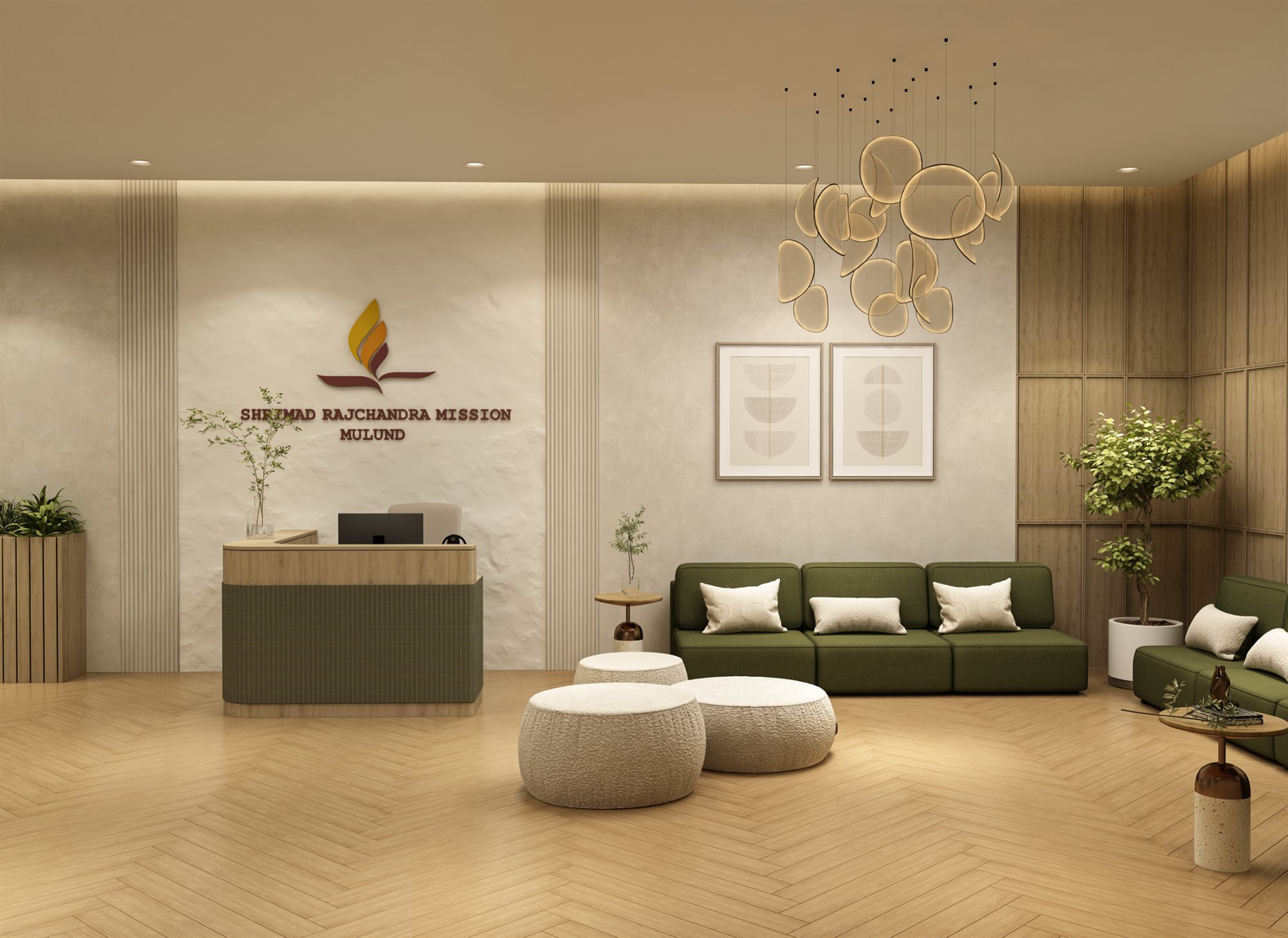 Lounge seen from the entrance with a sculptural pendant light and planters