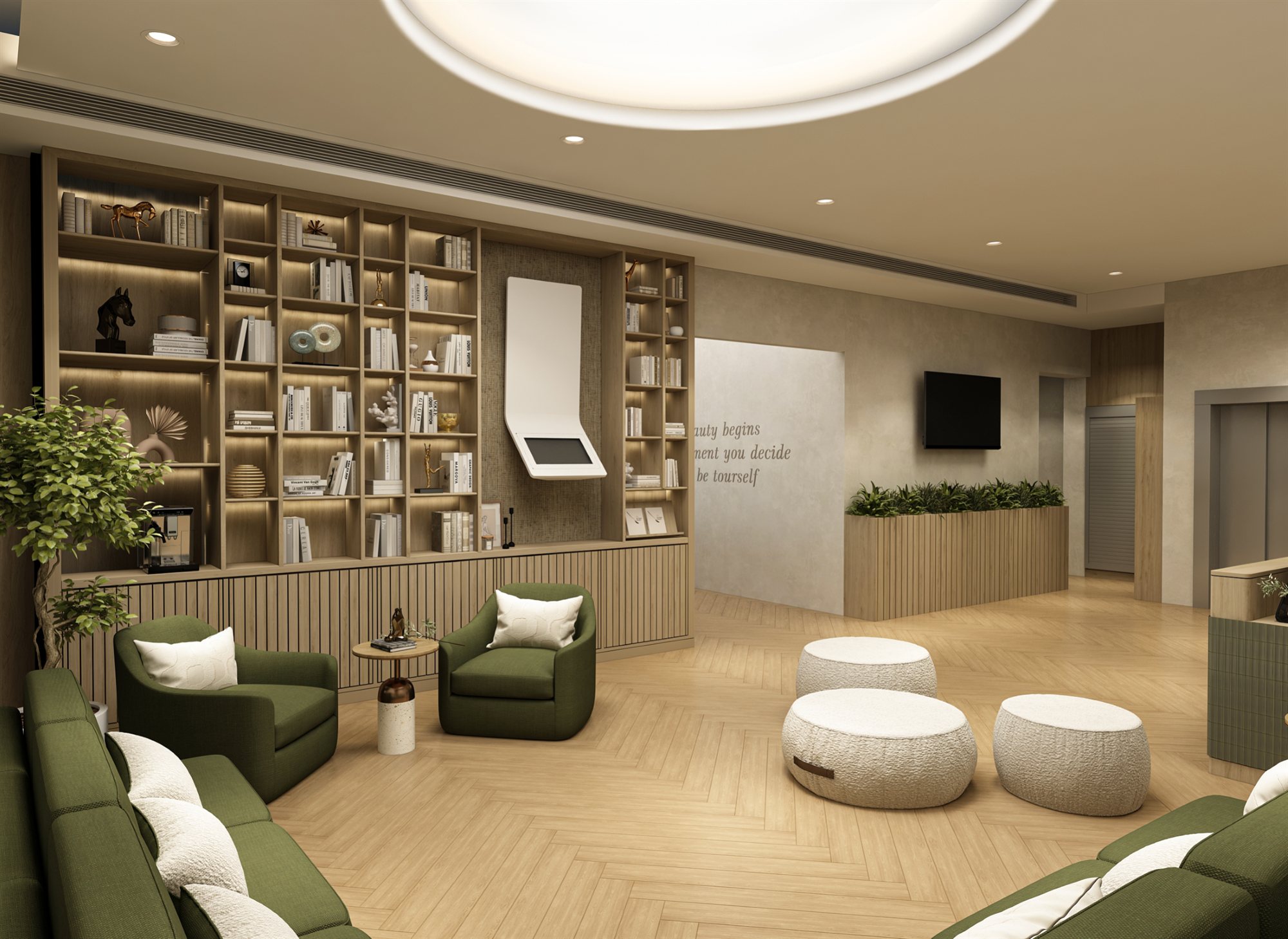 Library wall of timber shelves beside lounge seating