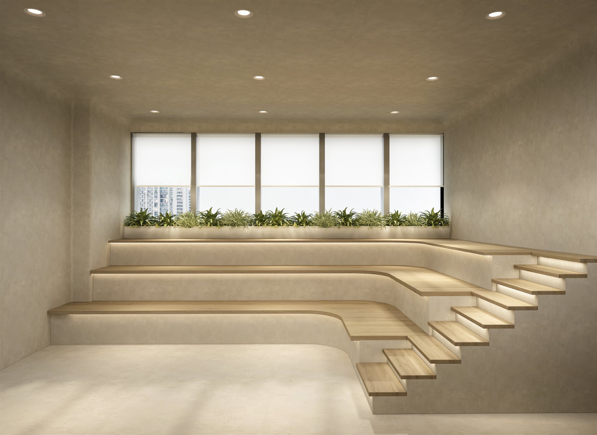 Stepped seating with lit treads facing a planted window
