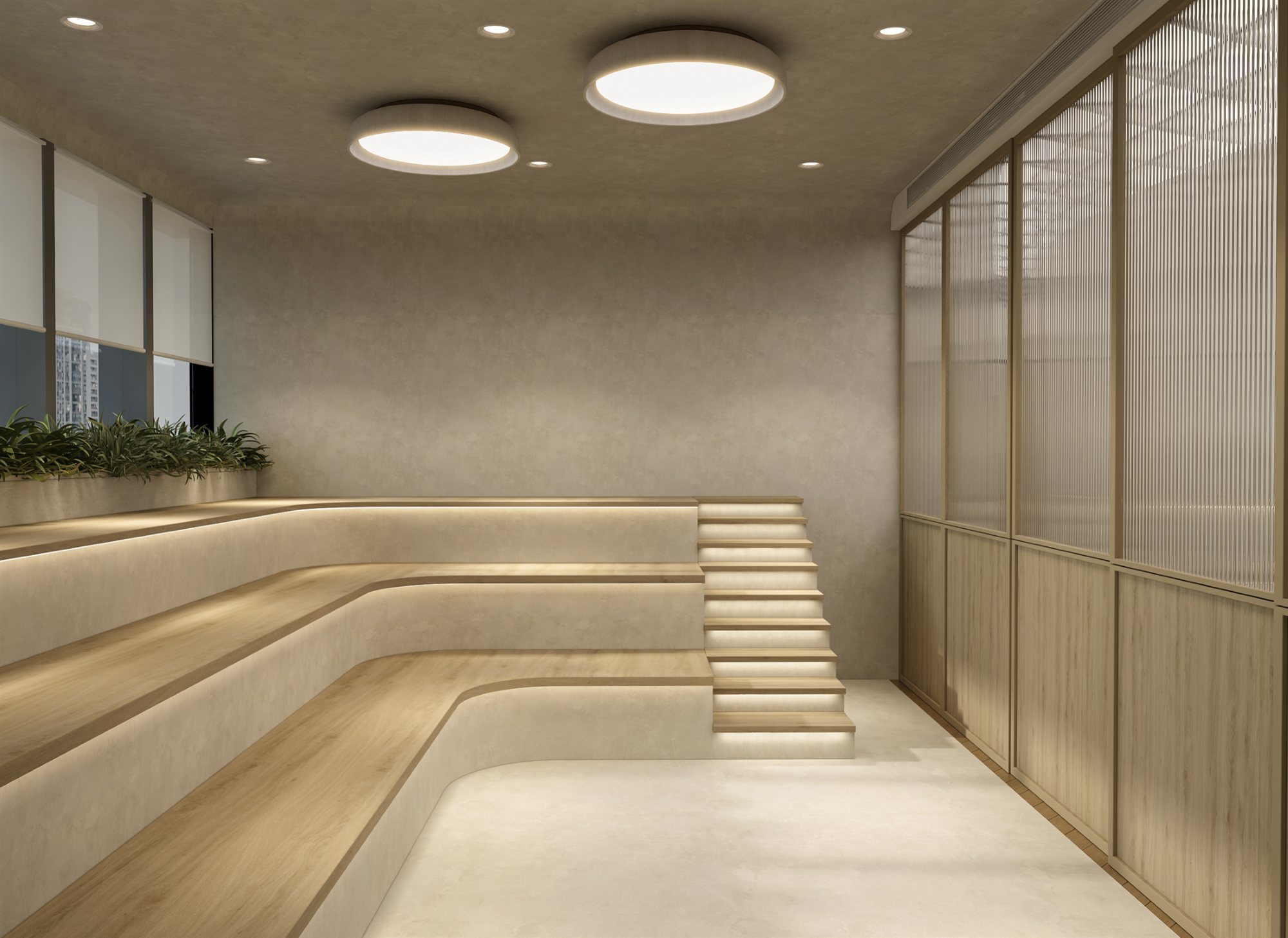 Meditation area with timber steps and circular ceiling lights