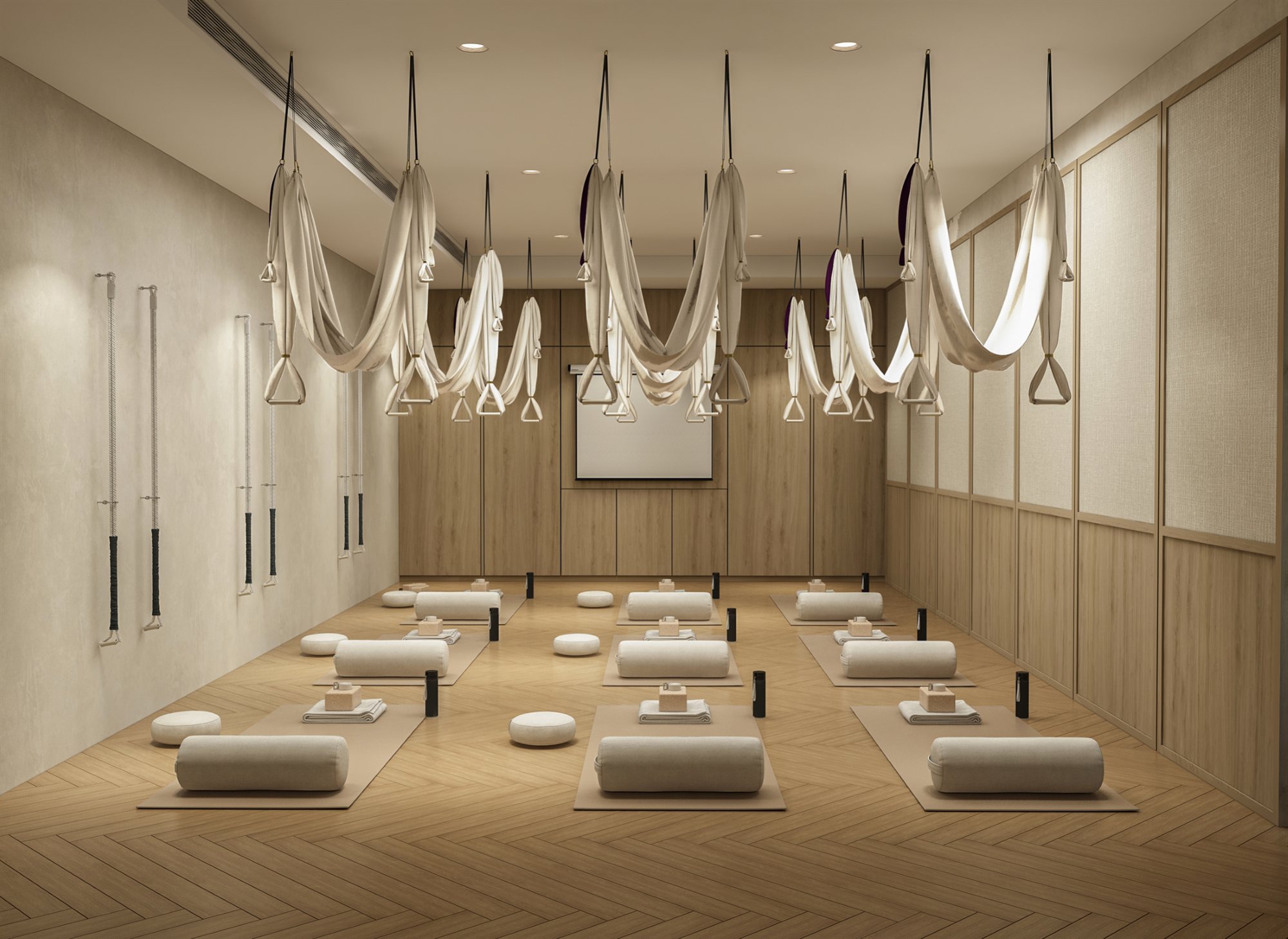 Yoga room with aerial yoga hammocks above floor mats