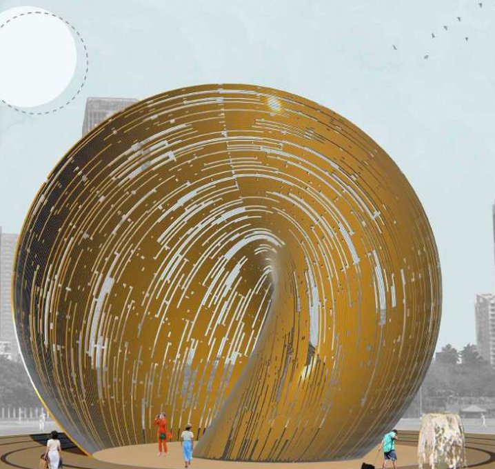 A spherical, shell-like pavilion of slatted bronze panels in Shivaji Park