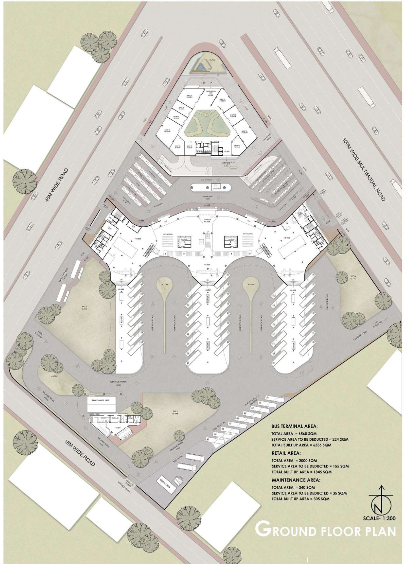 Rendered ground floor plan at 1:300 with bus bays, terminal and commercial block