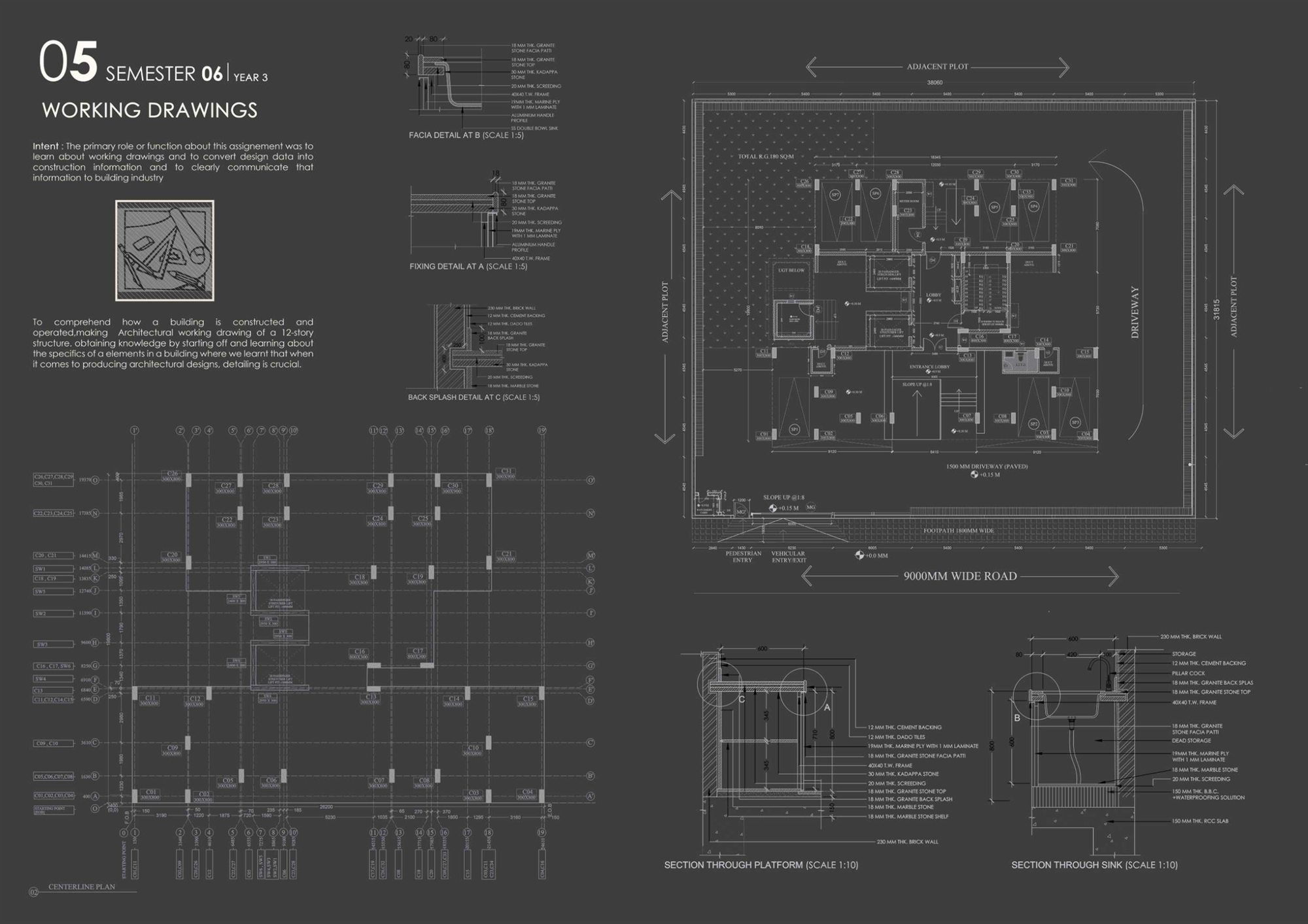 Full sheet with facia, fixing and back-splash details at 1:5, centre-line plan and ground floor plan