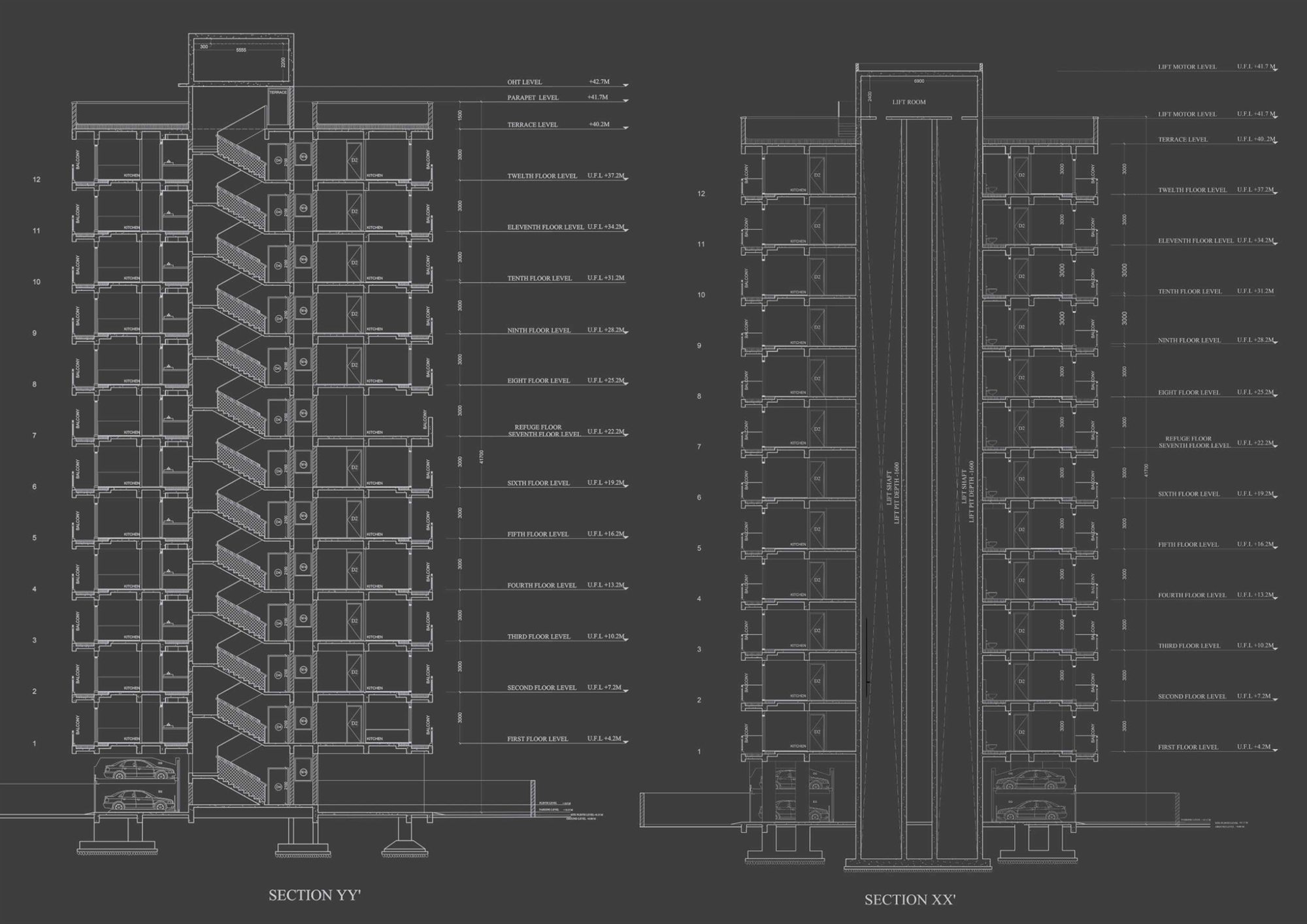 Building sections through a twelve-storey residential tower, drawn in white on charcoal